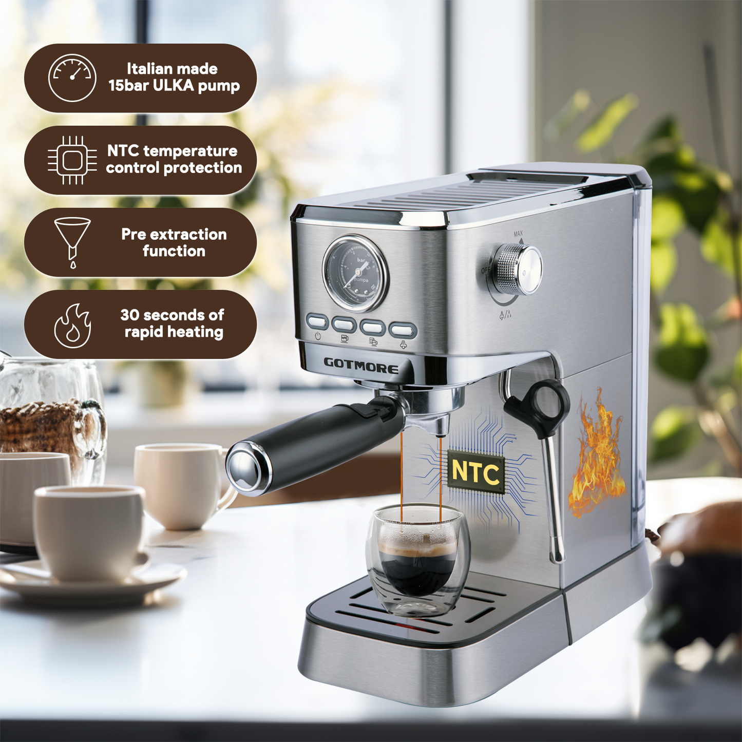 GOTMORE Espresso Machine, 15 bar Stainless Steel Compact Espresso Maker for Home with Steam Milk Frother, 33oz Removable Water Tank for Espresso/Americano/Cappuccino/Latte, Gift for Mom & Dad & Friend