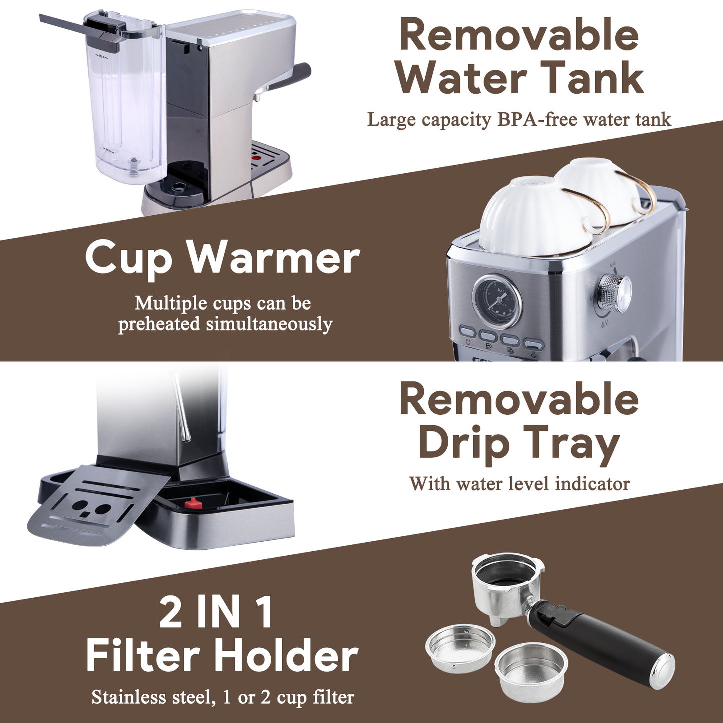GOTMORE Espresso Machine, 15 bar Stainless Steel Compact Espresso Maker for Home with Steam Milk Frother, 33oz Removable Water Tank for Espresso/Americano/Cappuccino/Latte, Gift for Mom & Dad & Friend