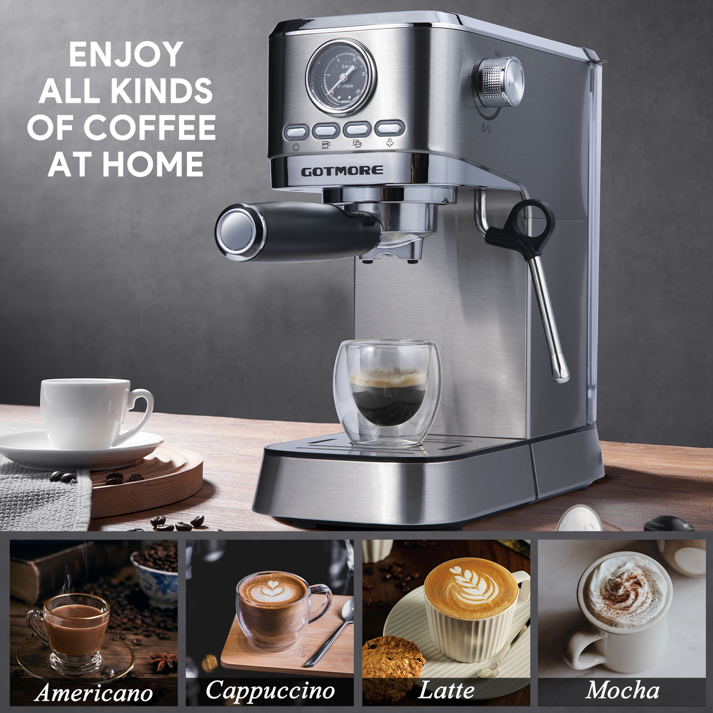 GOTMORE Espresso Machine, 15 bar Stainless Steel Compact Espresso Maker for Home with Steam Milk Frother, 33oz Removable Water Tank for Espresso/Americano/Cappuccino/Latte, Gift for Mom & Dad & Friend