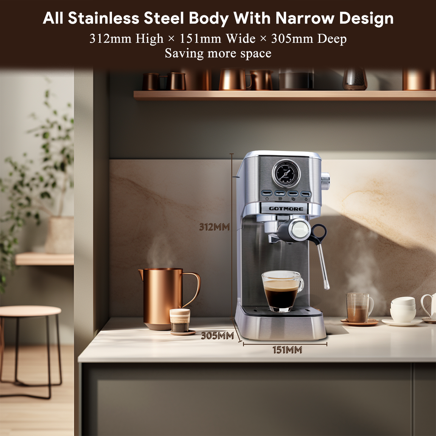 GOTMORE Espresso Machine, 15 bar Stainless Steel Compact Espresso Maker for Home with Steam Milk Frother, 33oz Removable Water Tank for Espresso/Americano/Cappuccino/Latte, Gift for Mom & Dad & Friend