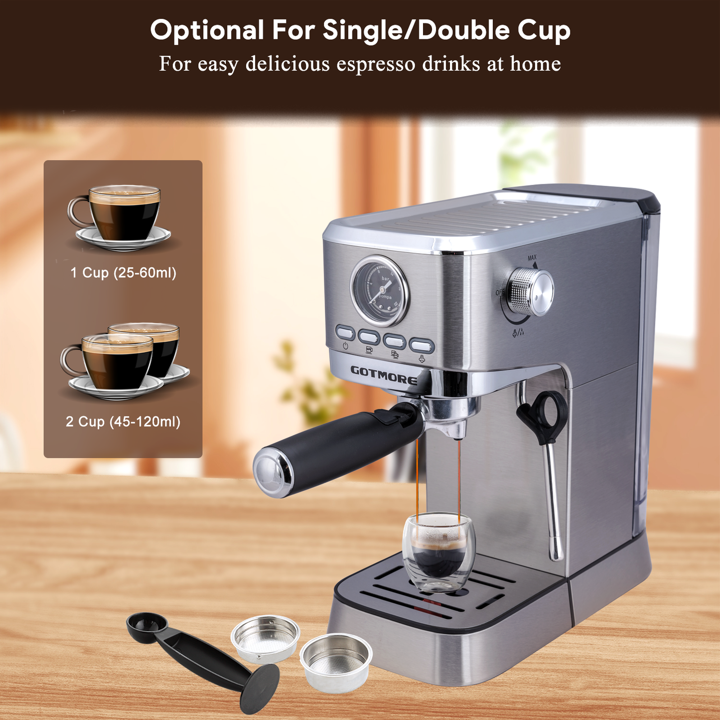 GOTMORE Espresso Machine, 15 bar Stainless Steel Compact Espresso Maker for Home with Steam Milk Frother, 33oz Removable Water Tank for Espresso/Americano/Cappuccino/Latte, Gift for Mom & Dad & Friend